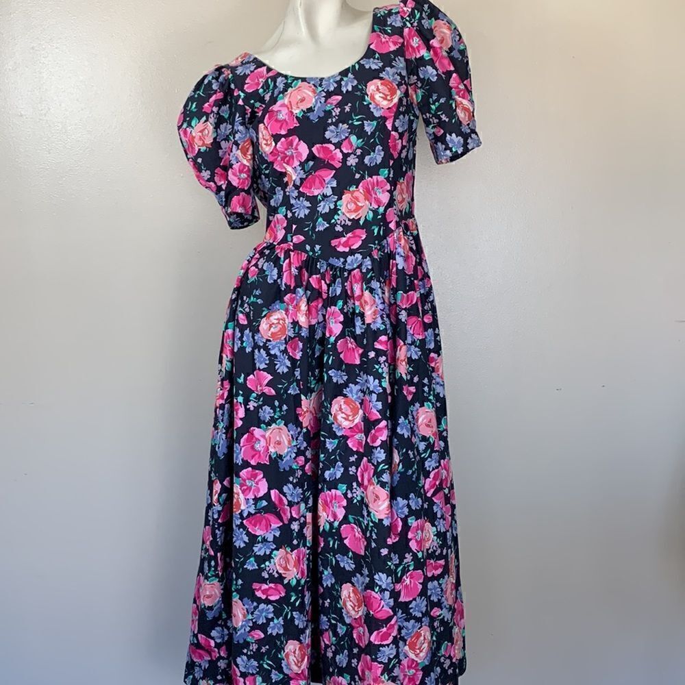 Laura Ashley Floral Midi Dress Puff Sleeves bow & Open plunging Back sz 10 prom - Picture 7 of 16